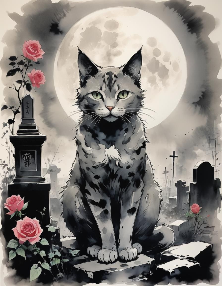 Ink Cat Portrait in Misty Graveyard