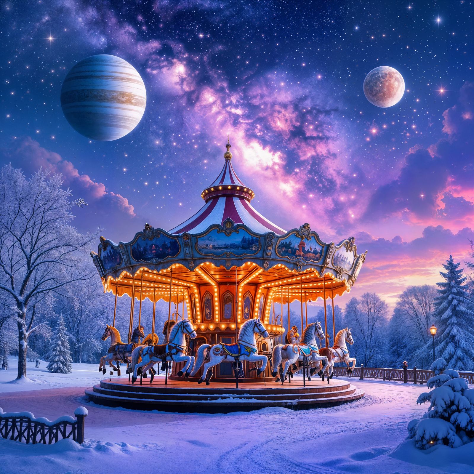 Magical Winter Carousel Under a Cosmic Pink Sky