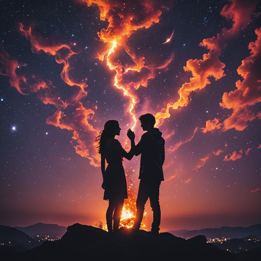 You and I, mirrors of night, Twin flames of fire, lit in ano...