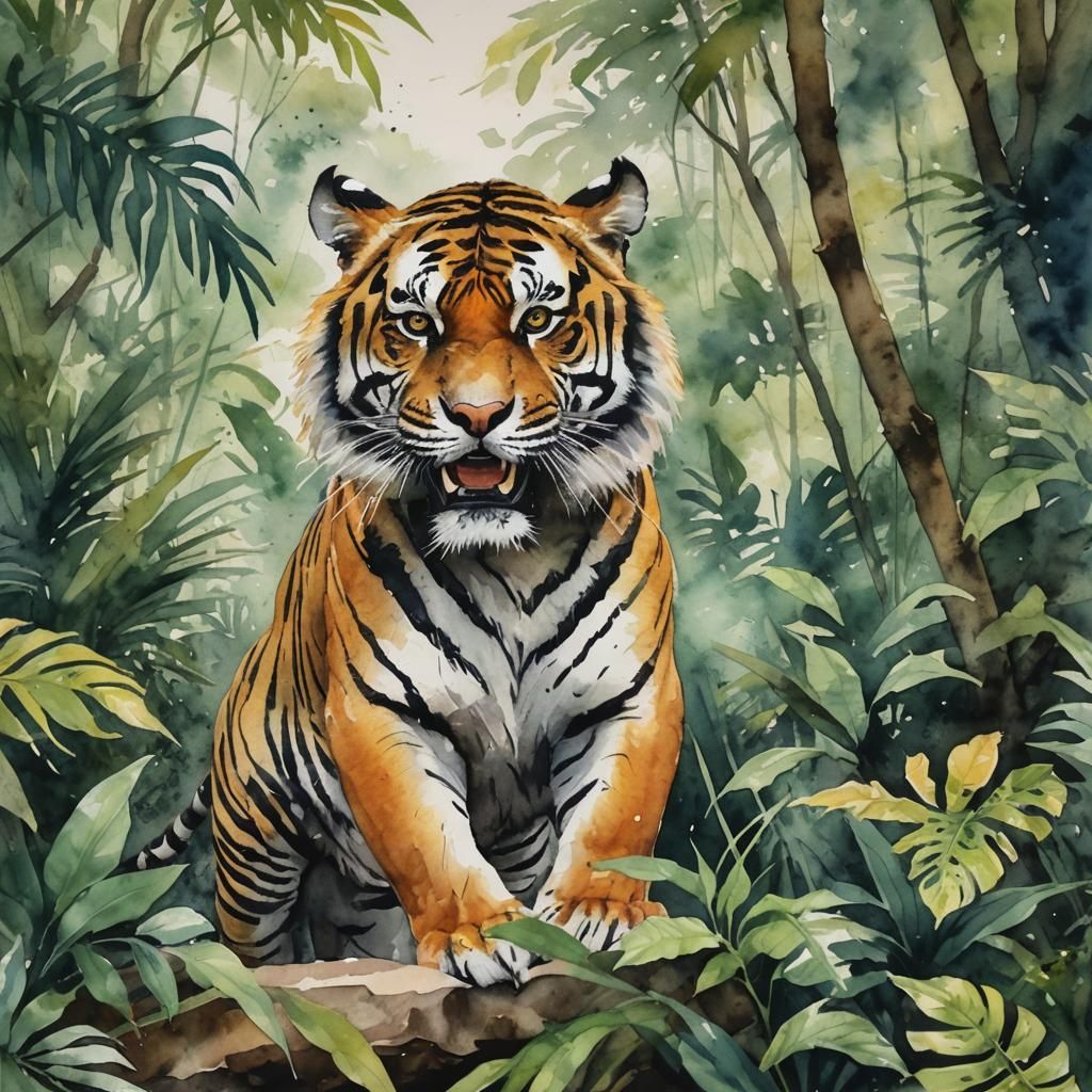 Furious Tiger in Jungle: Watercolor Painting