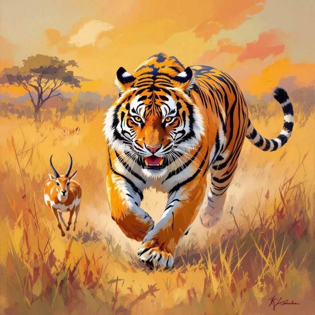 Tiger Chase on the Savanna in Impressionistic Style
