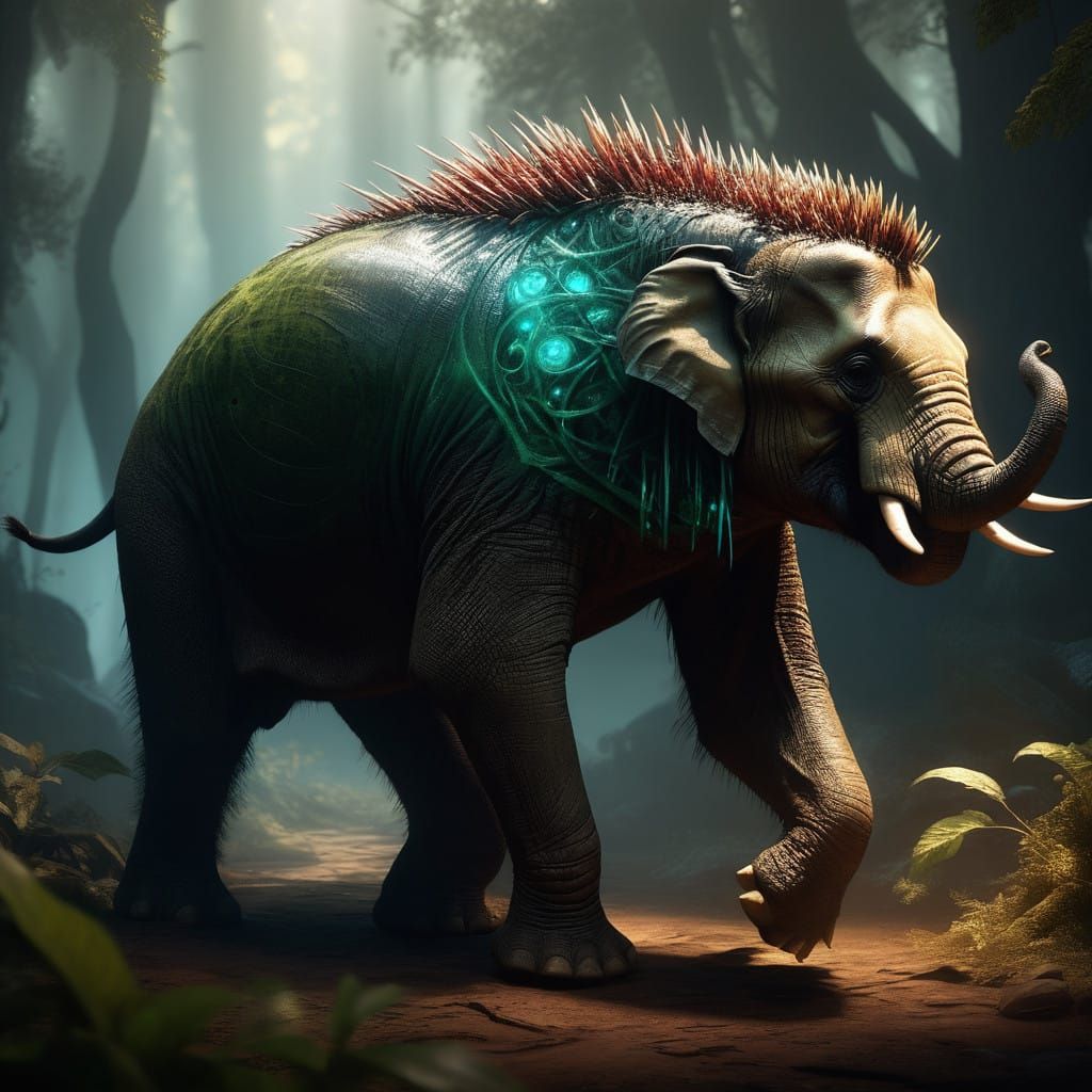Gargantuan Porcupine-Elephant-Crocodile Hybrid in Lush, Vibr...