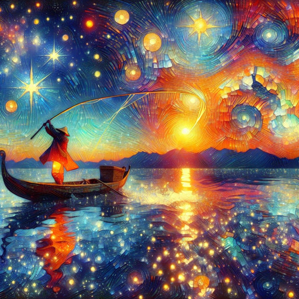 Retro-Futuristic Fisherman Fishing for Stars in Post-Impress...