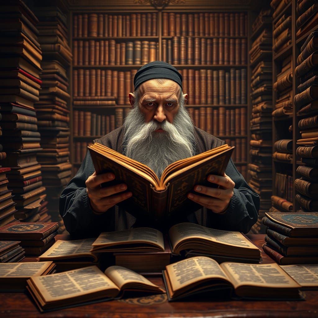 Elderly Scholar Ponders Ancient Tomes in Warm, Golden Light