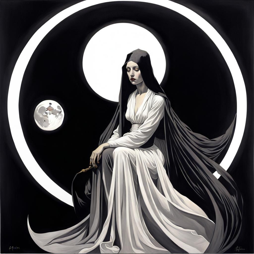 Gothic Moon Goddess Witch in Gouache Style