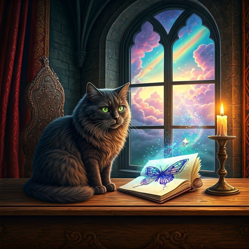 Majestic Black Cat Amidst Whirlwind of Colorful Magic