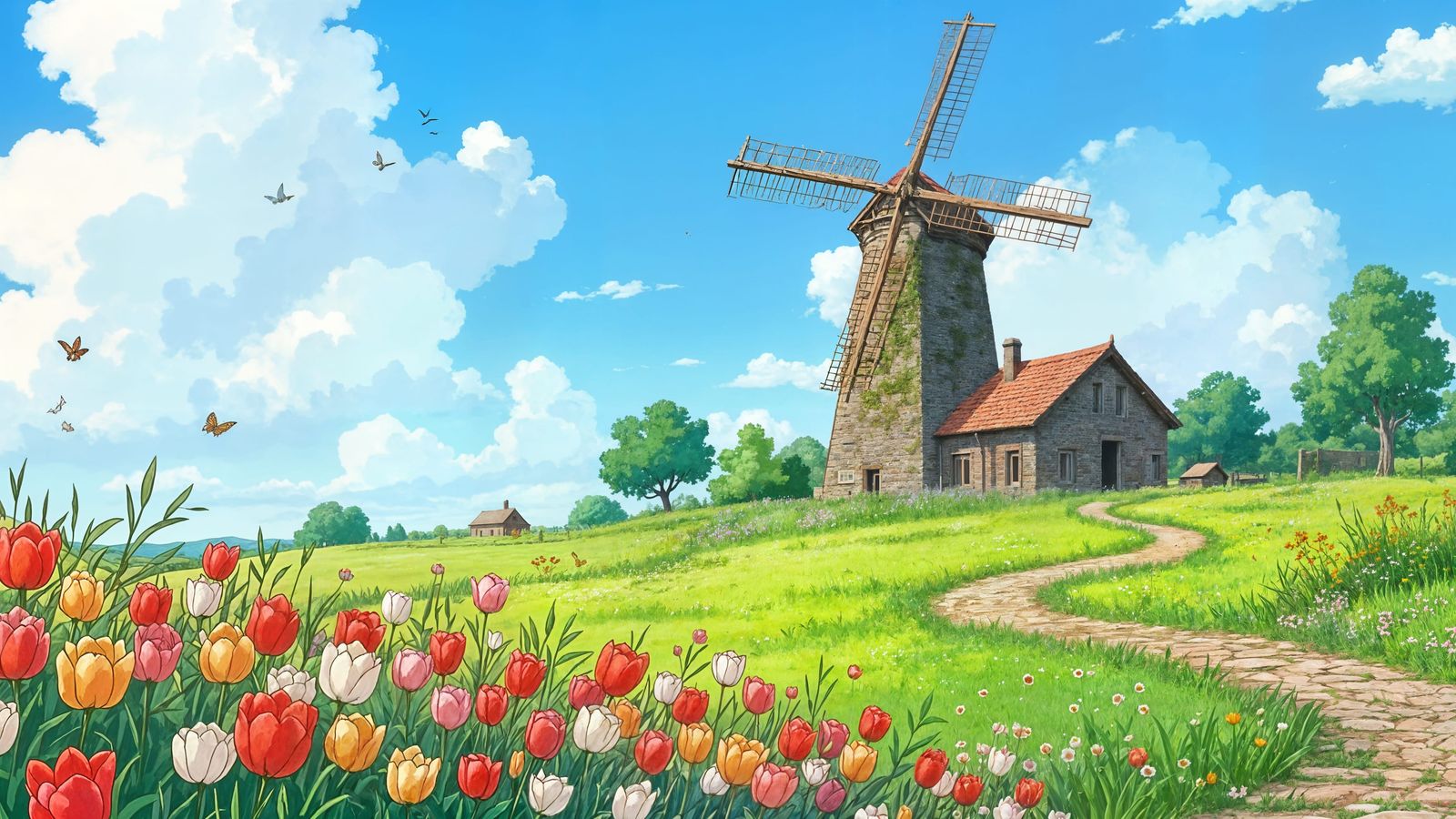 Ghibli-Style Windmill Amidst Vibrant Tulip Fields and Charmi...