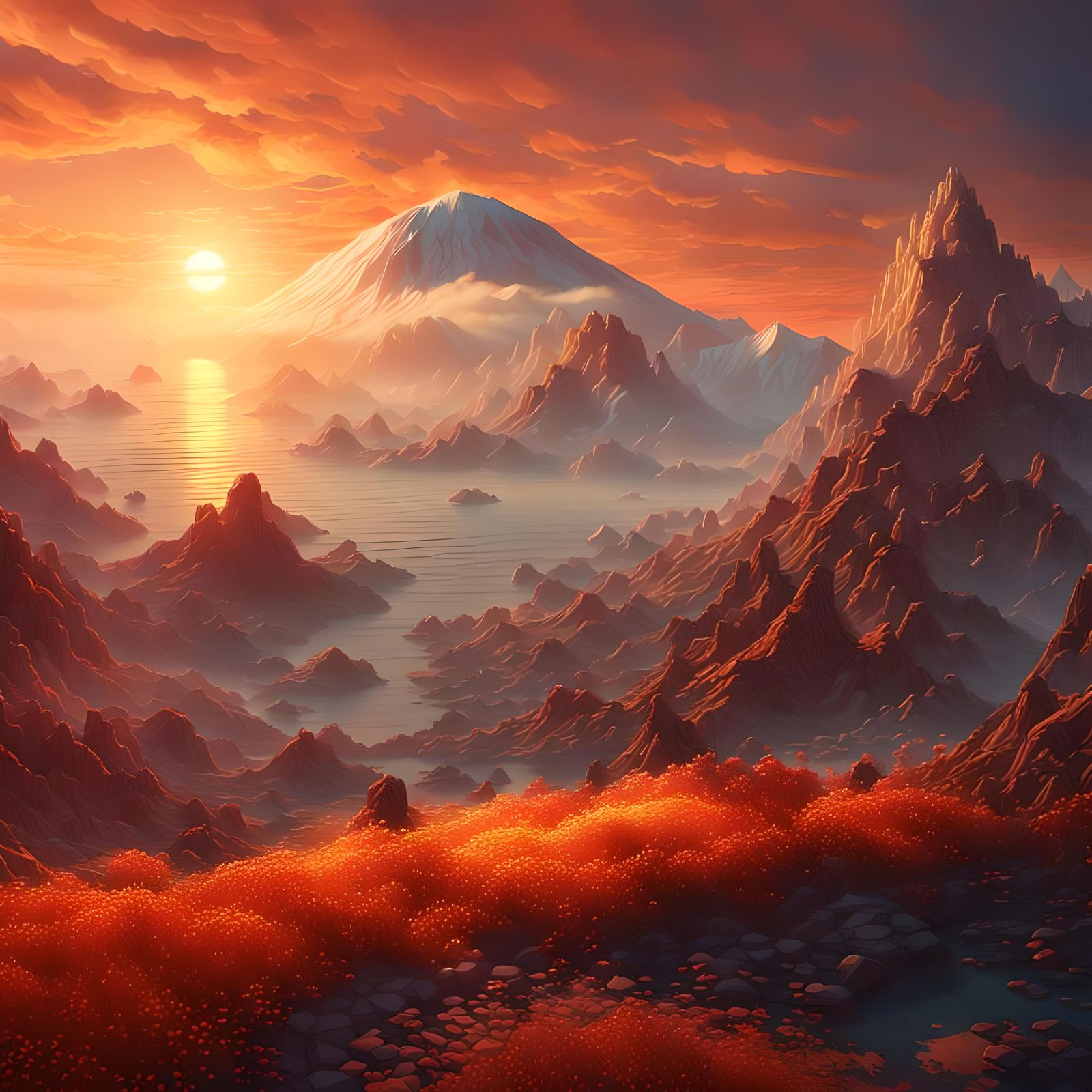 Sunset Vista in Romanticism Style with Volumetric Fog