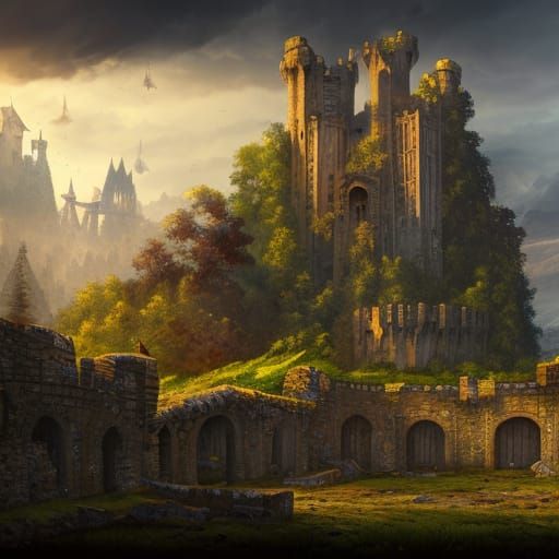 Medieval Castle Ruins in Detailed Matte Painting