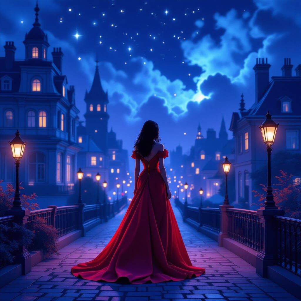 Woman in Red Dress Under Violet Night