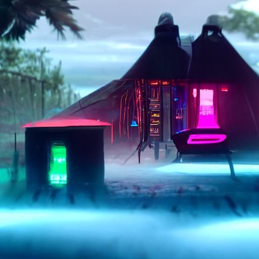 Cyberpunk Witch Hut in Neon Dystopia