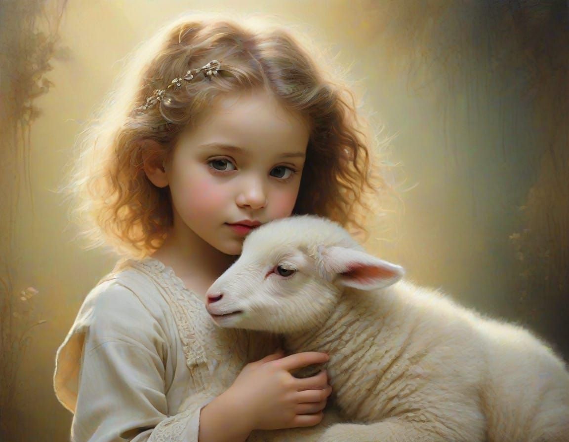 Little Girl Tenderly Touches Her Sweet Lamb in Soft Morning ...