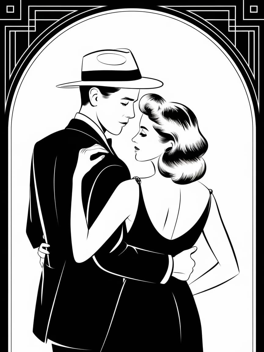 Romantic Couple Dancing, Art Deco Style