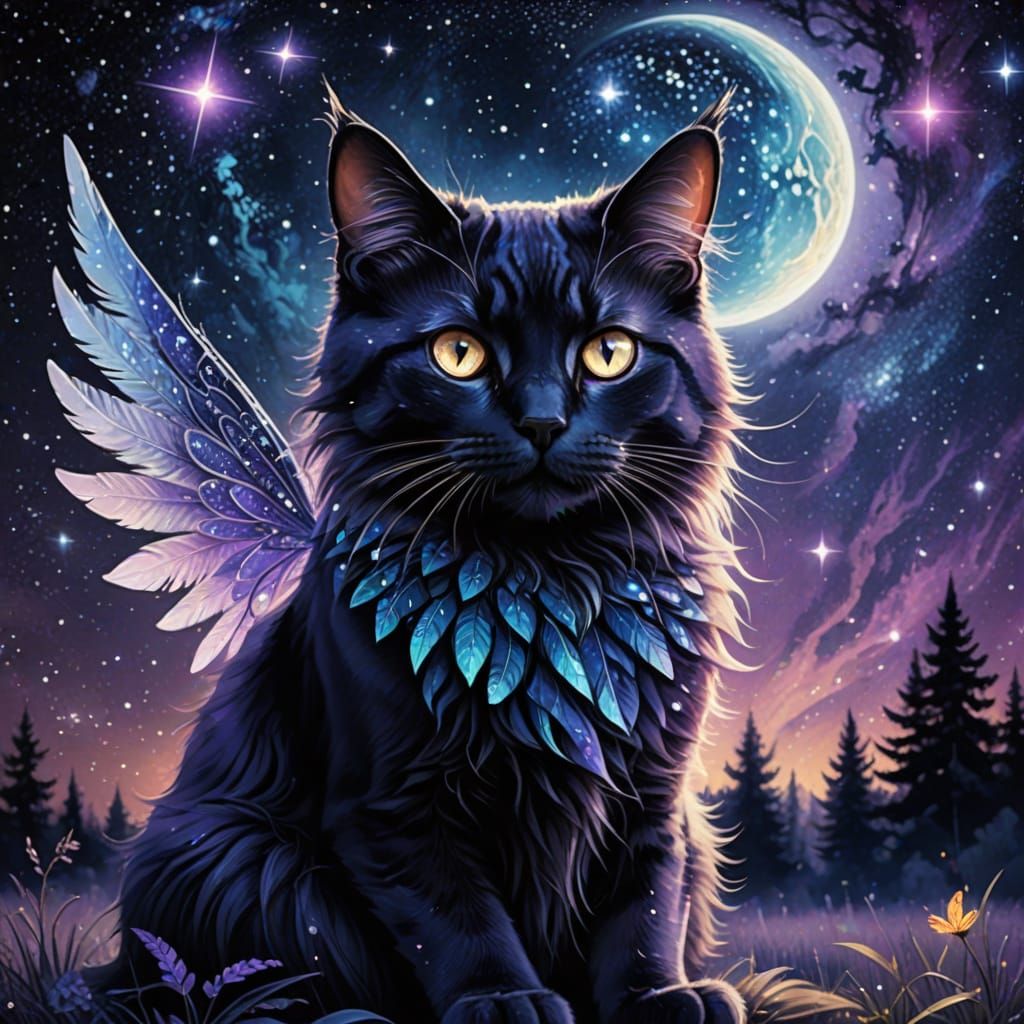 Cat With Fairy Wings Under Starry Cosmic Sky