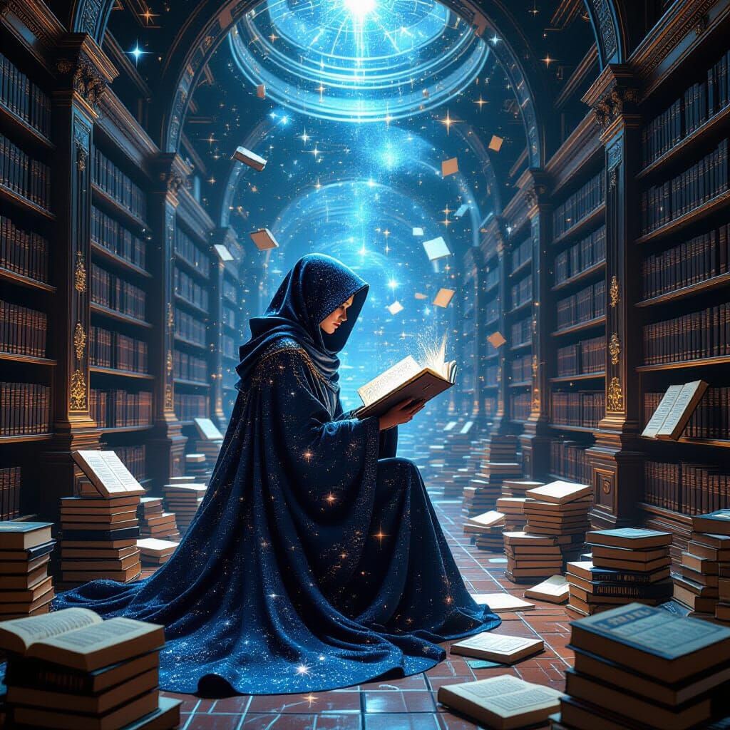 Cosmic Librarian Catalogs Ancient Tomes in Futuristic Librar...