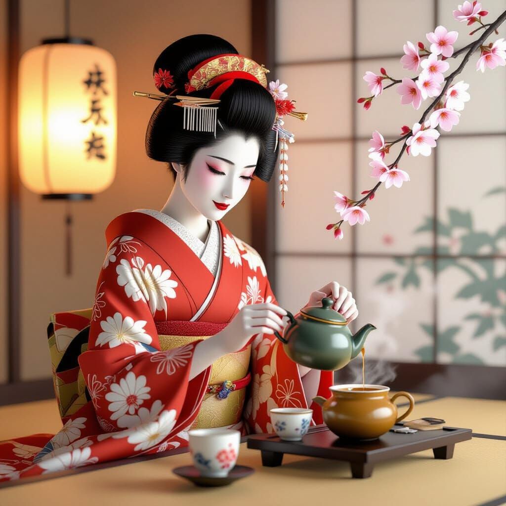 Geisha Pours Tea in Ukiyo-e Style