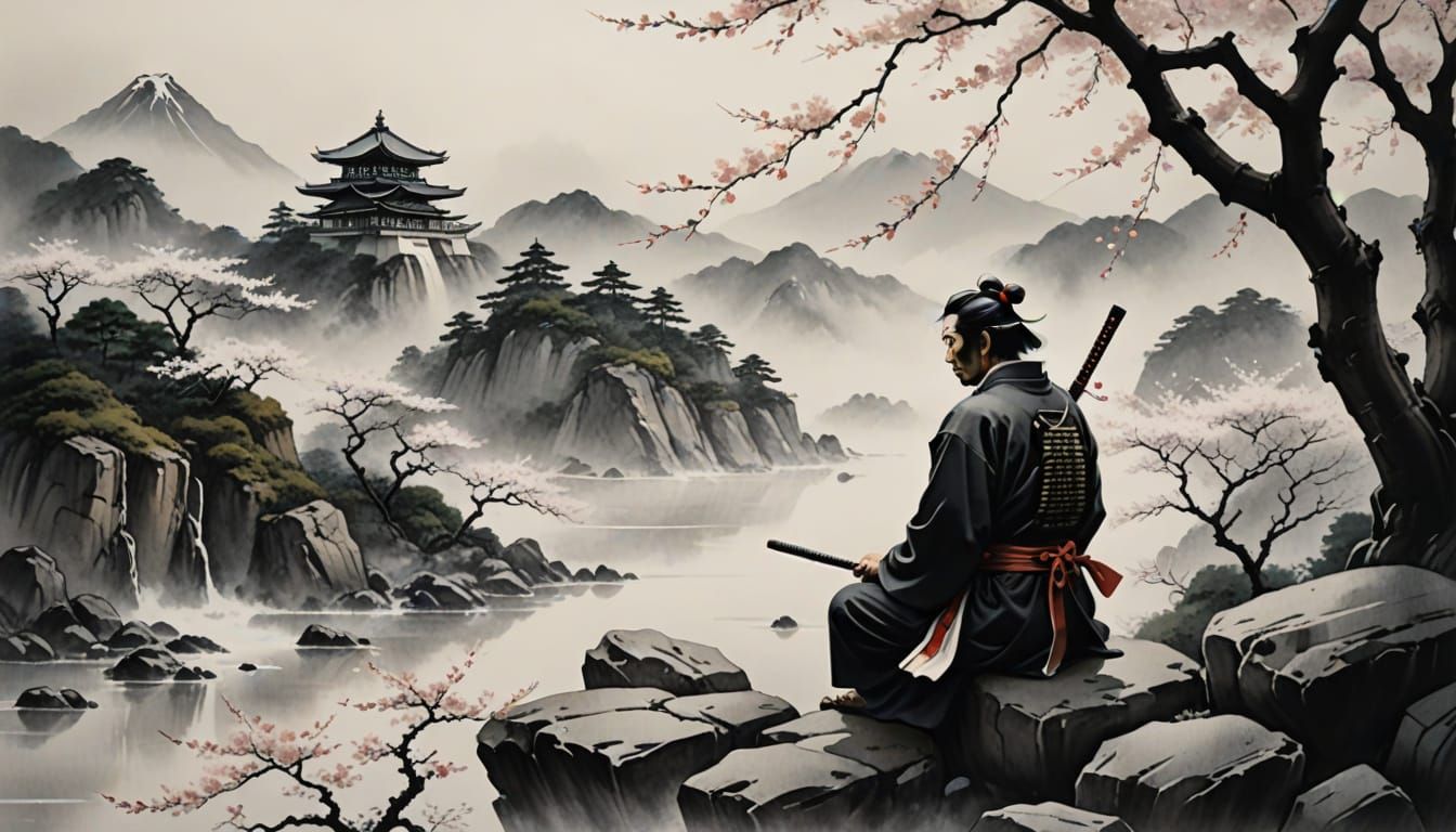 Samurai Meditation in Sumi-e Ink Wash Style