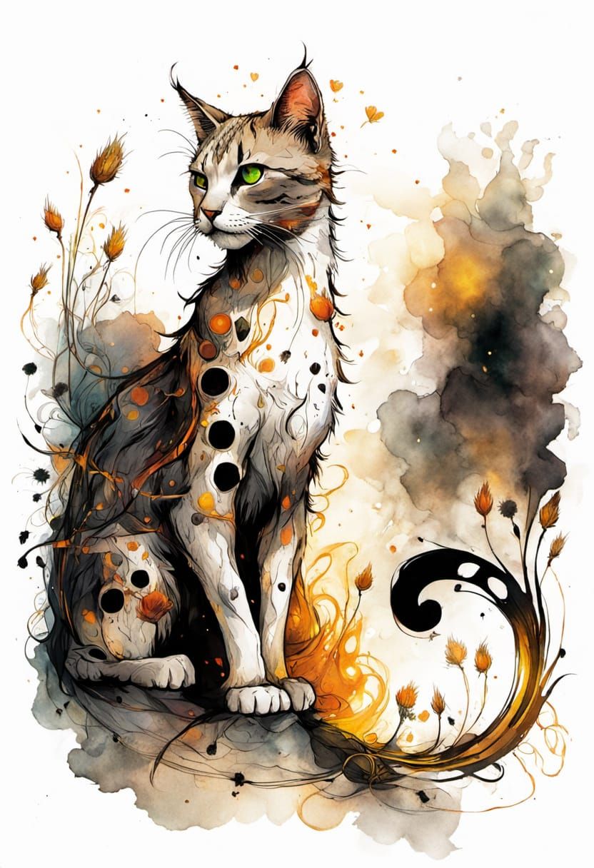 Surreal Mystic Cat in Whimsical Ink Sketch Style