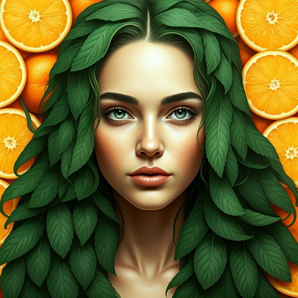 Serenely Elegant Woman Amidst Vibrant Oranges in Pastel Gree...