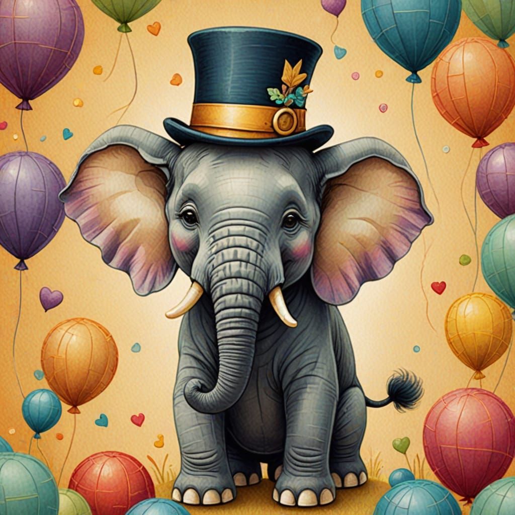 Felt Elephant in Top Hat: Whimsical Digital Art