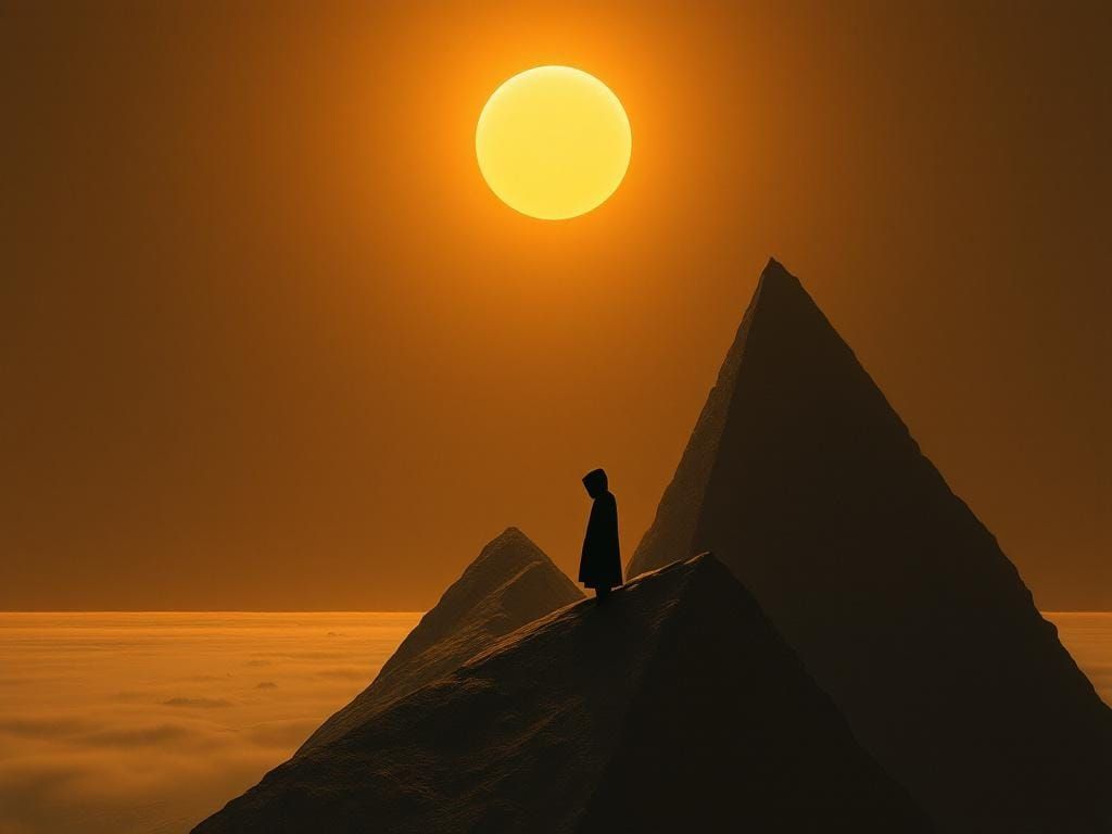 Lone Figure in Golden Landscape: Minimalist Surrealism