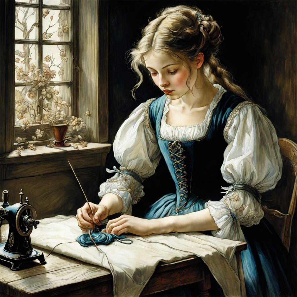 Fairytale Girl Sewing in Colorful Realism
