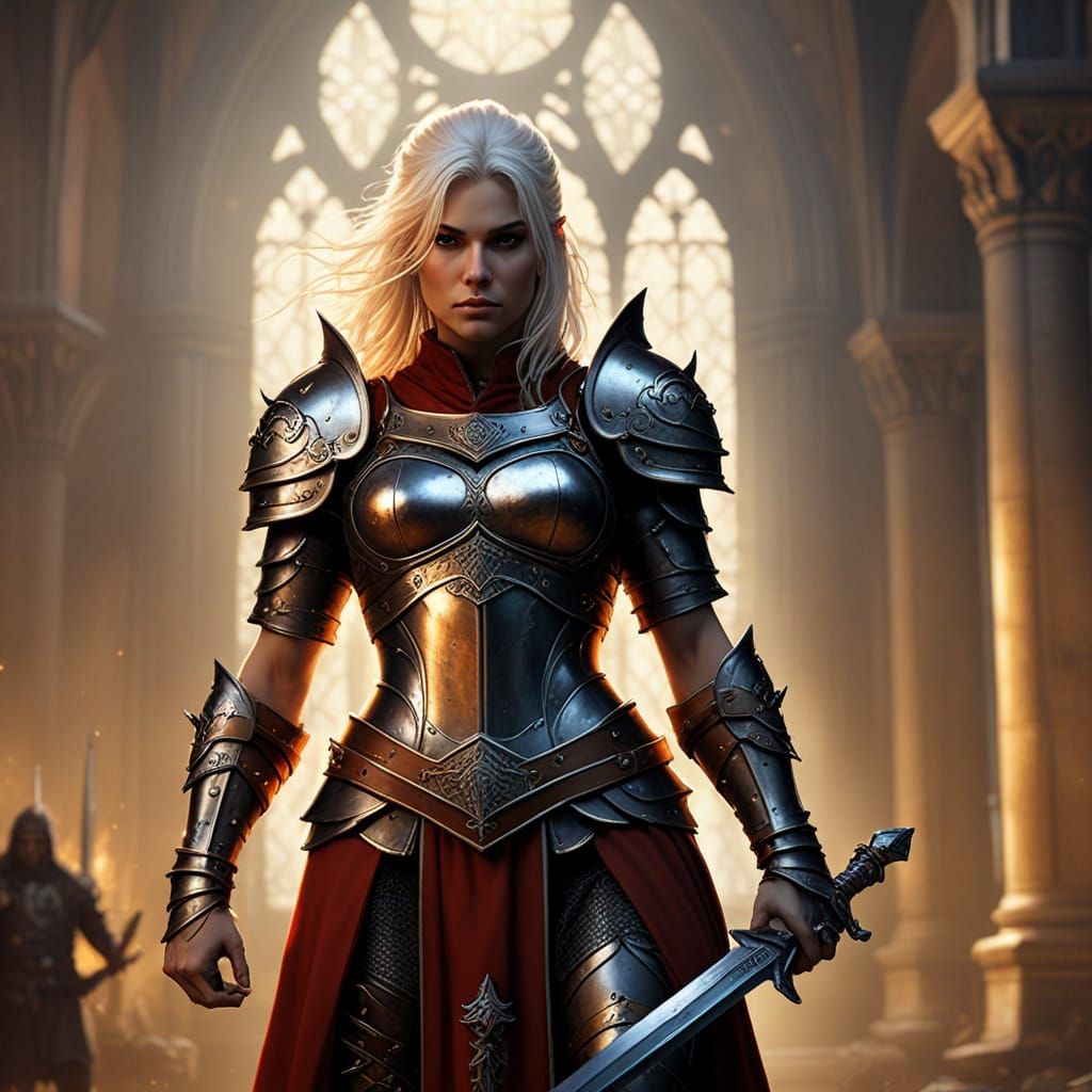 Elegant Female Warrior in Grand Hall, Inspired by Fantasy Ar...