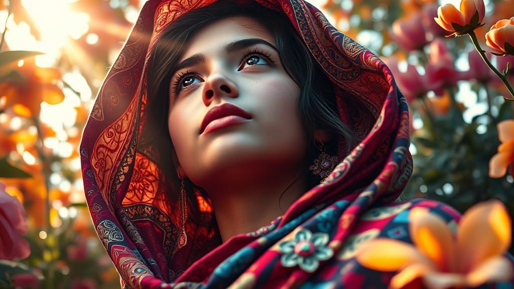 Beautiful Girl in Vibrant Fabric Tapestry, Surrounded by Lus...