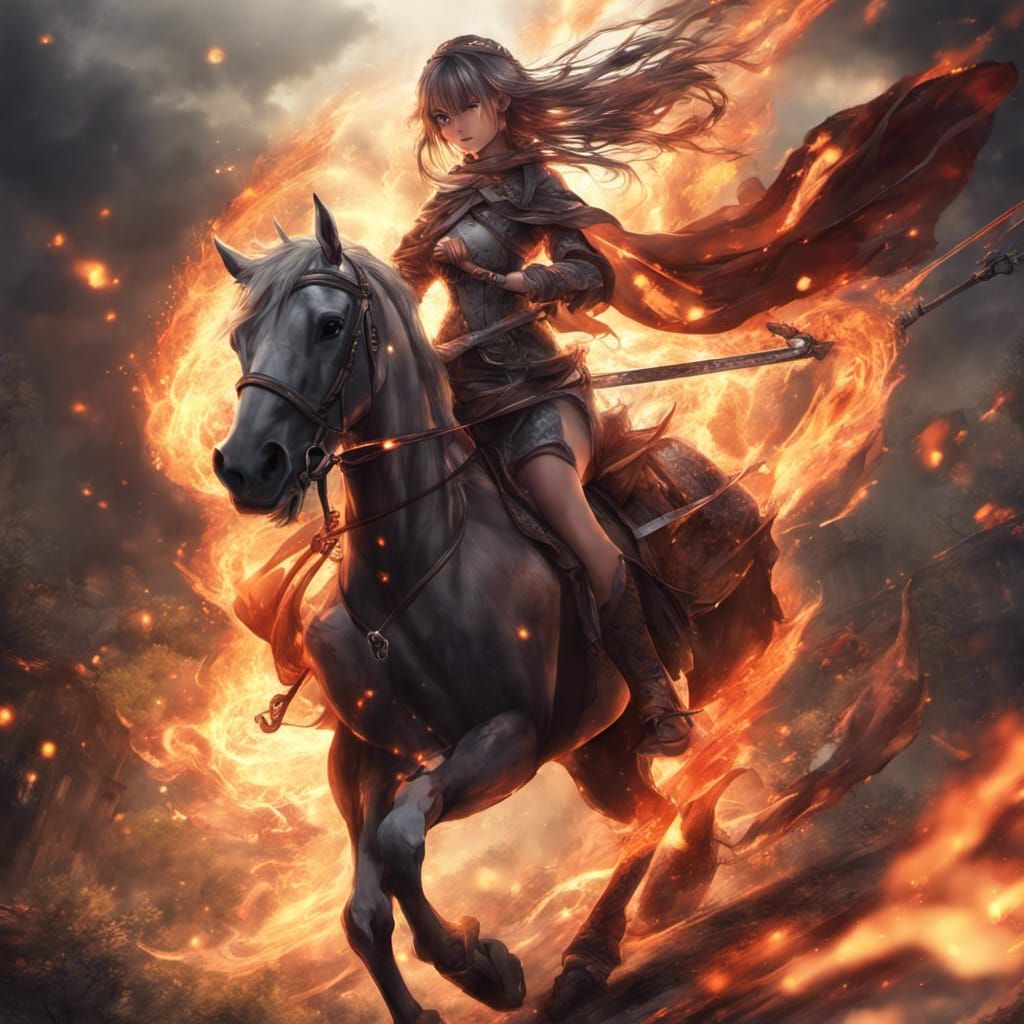 Anime Girl Rides Horse with Fire Sword