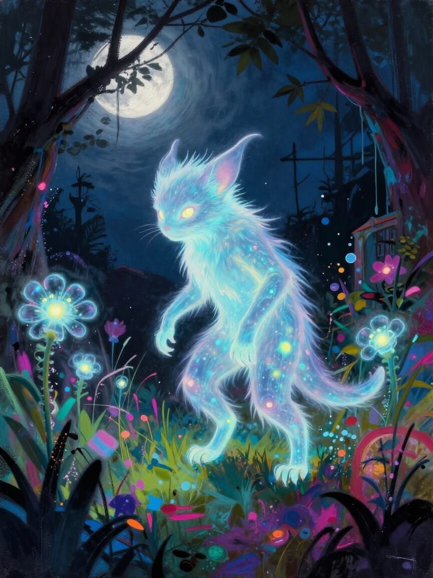 Spectral Bioluminescent Creature in Moonlit Overgrown Garden
