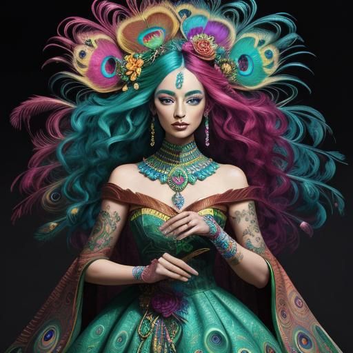 Vibrant Abstract Portrait with Peacock Feathers