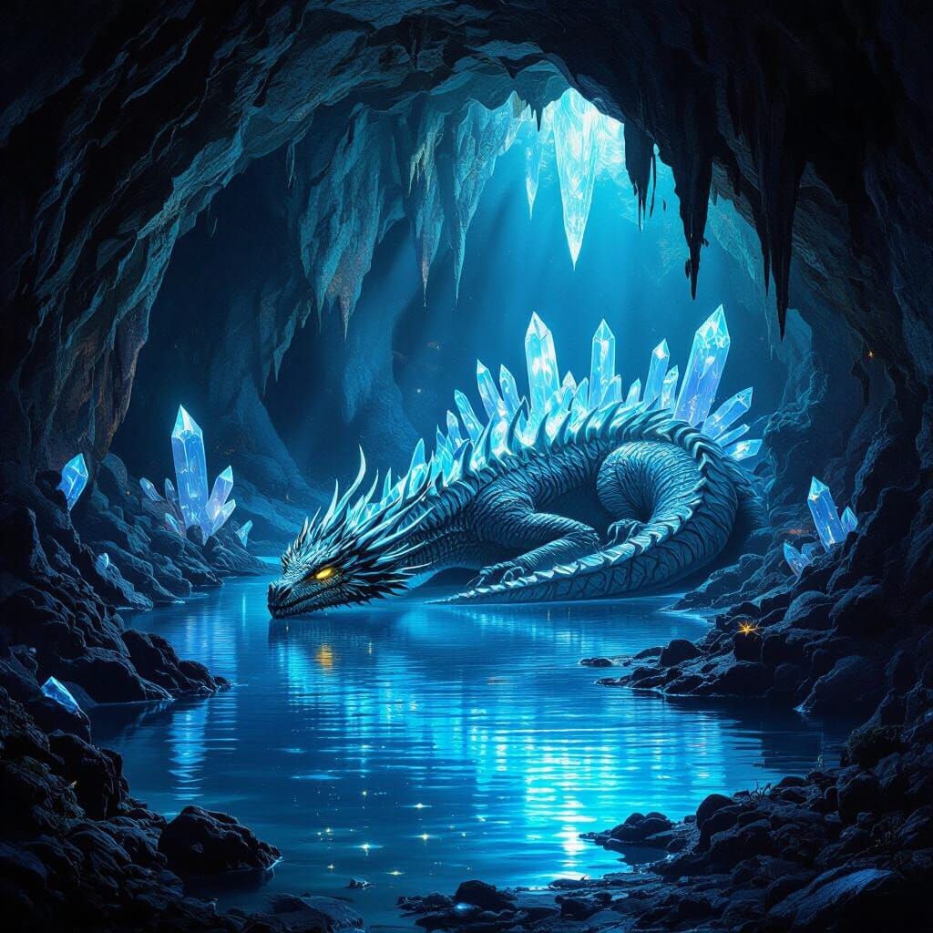 Bioluminescent Cave with Sleeping Dragon: Hyperrealistic Cos...