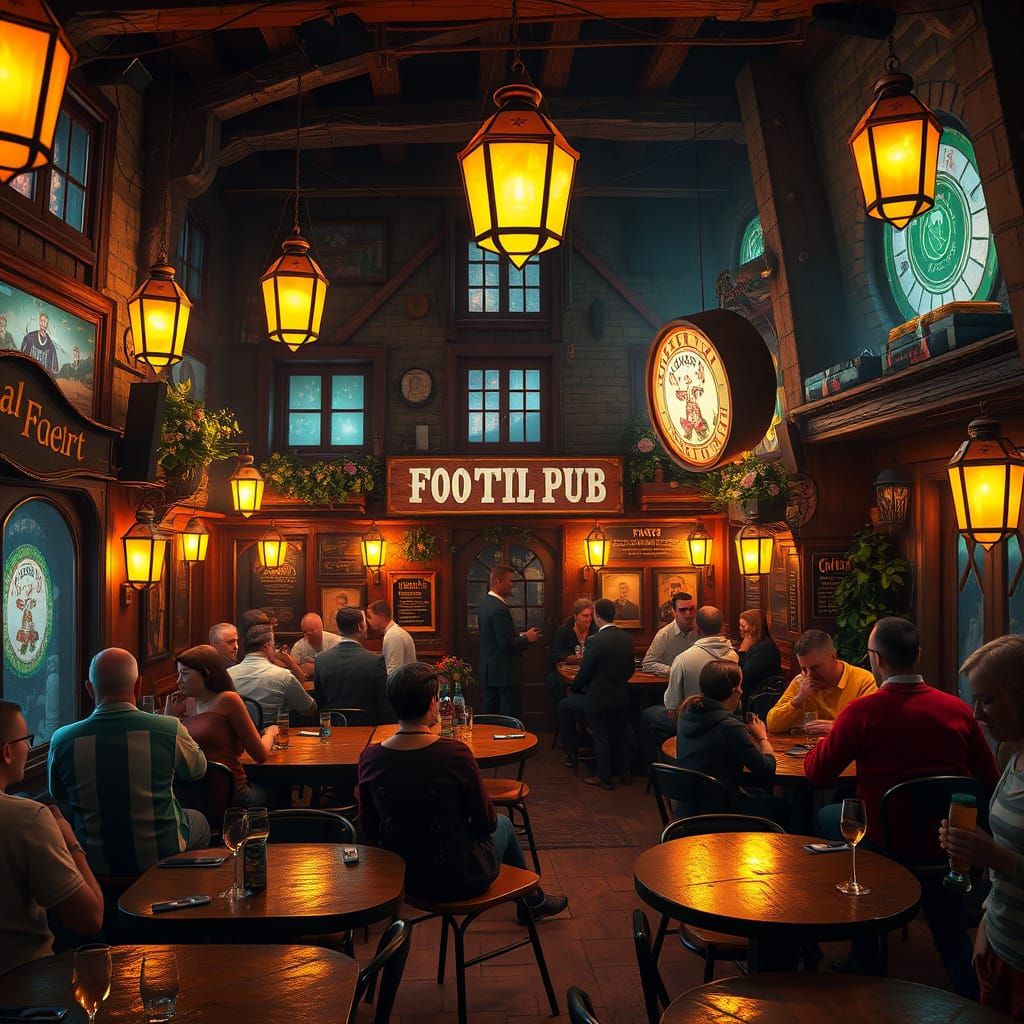 Cozy Football Pub with Golden Lanterns and Bustling Crowd