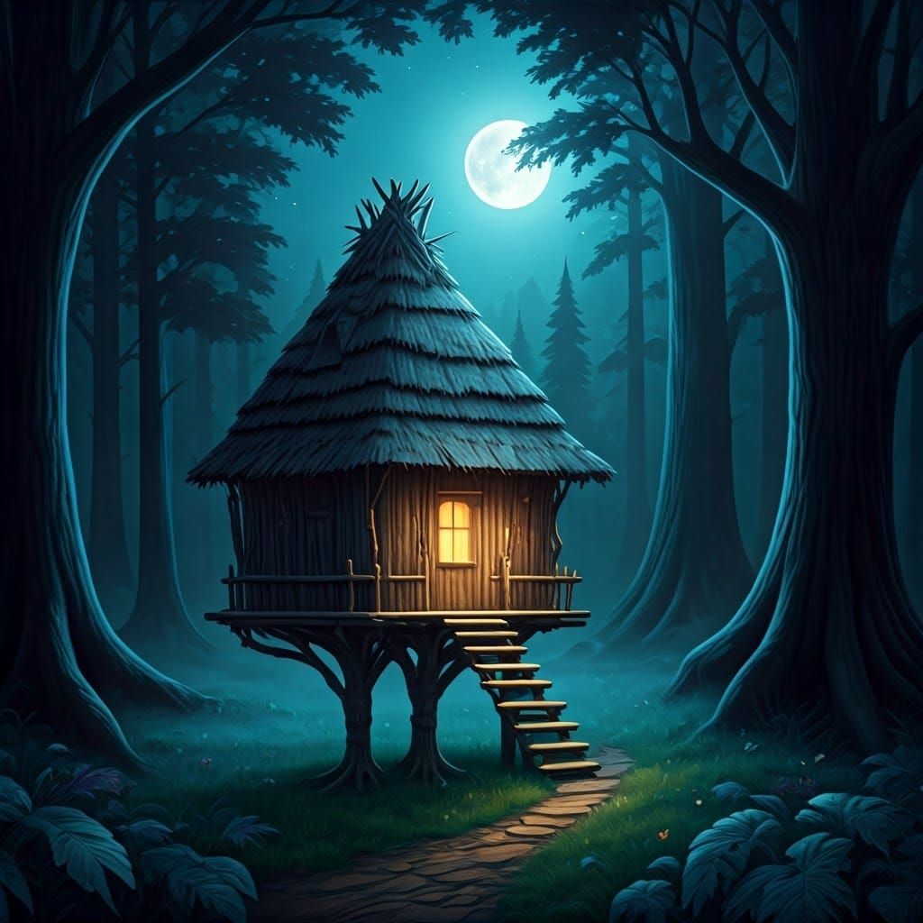Mystical Night Forest Scene with Thatched Hut under Full Moo...