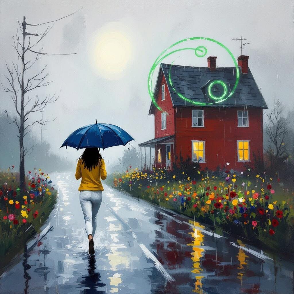 Woman Running Through Flooded Night Street in Oil Painting S...