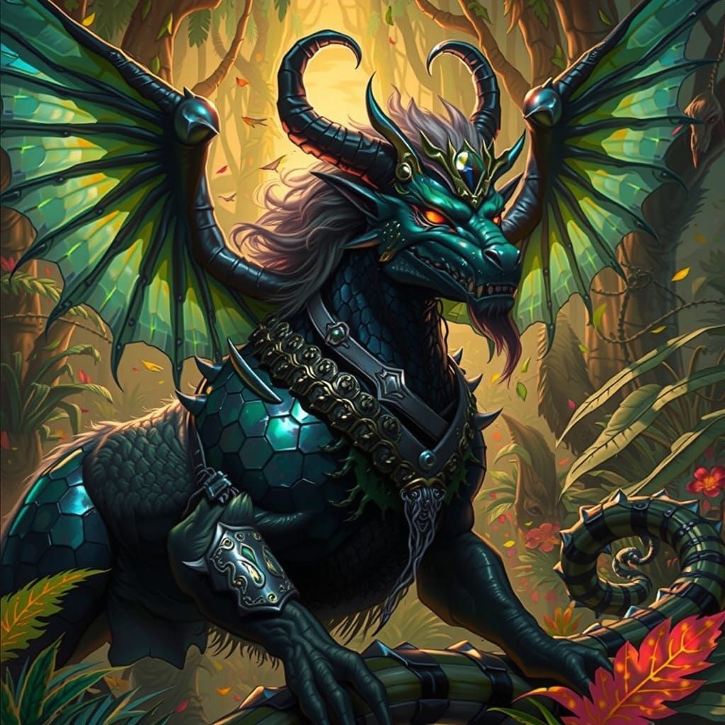 Winged Demon Rides Serpent Through Cyberpunk Jungle