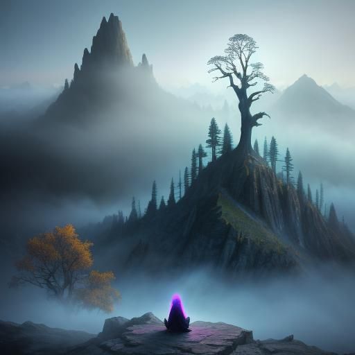 Lonely Goddess on Misty Peak: Surreal Oil Painting