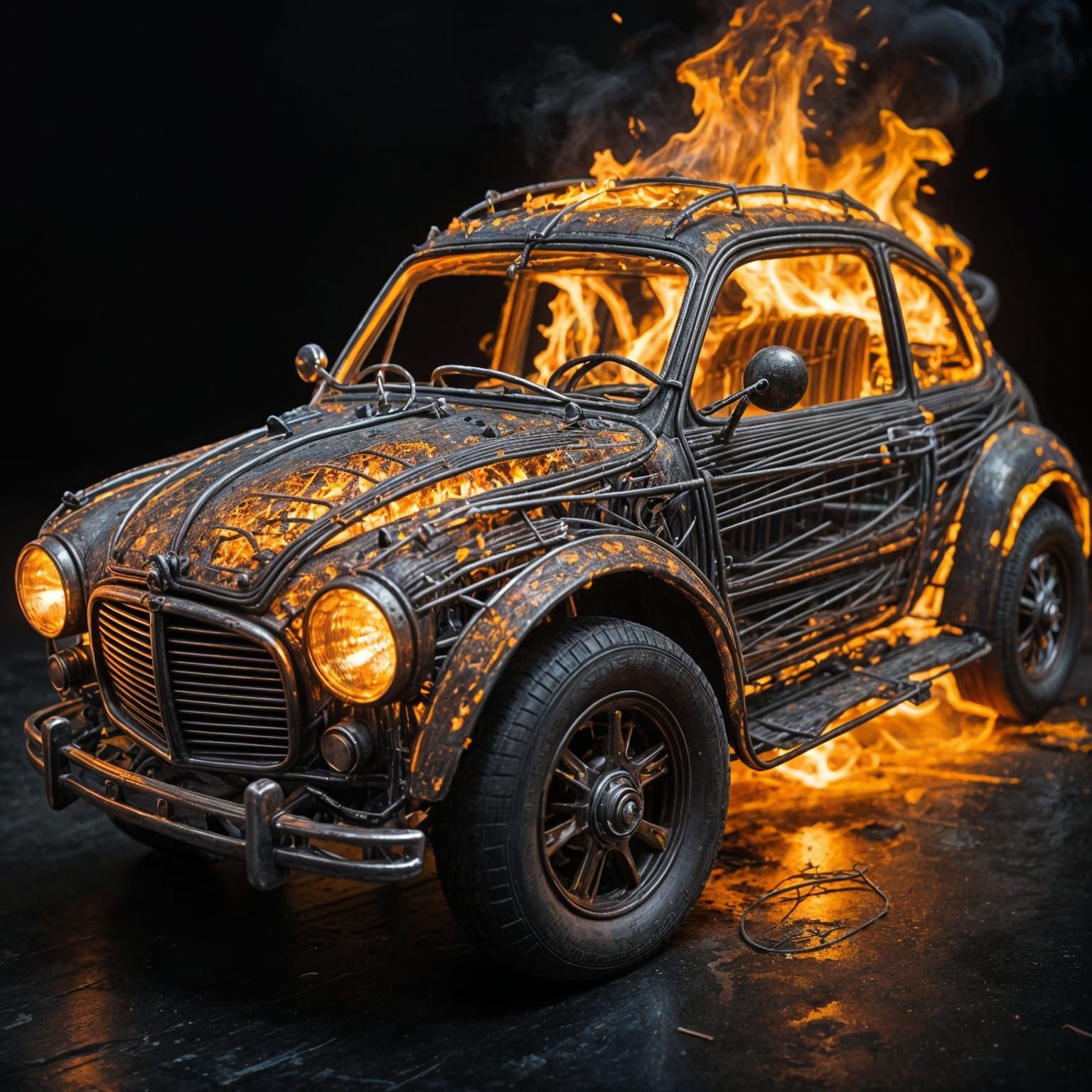 Flaming Wire Car Sculpture