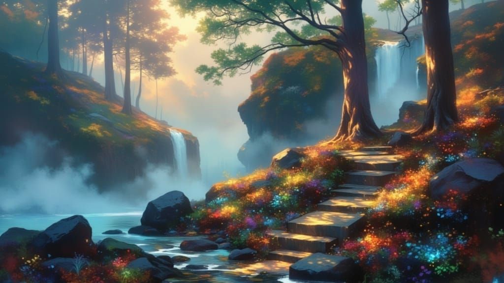 Vivid Forest Path Unfolds to Hidden Waterfall