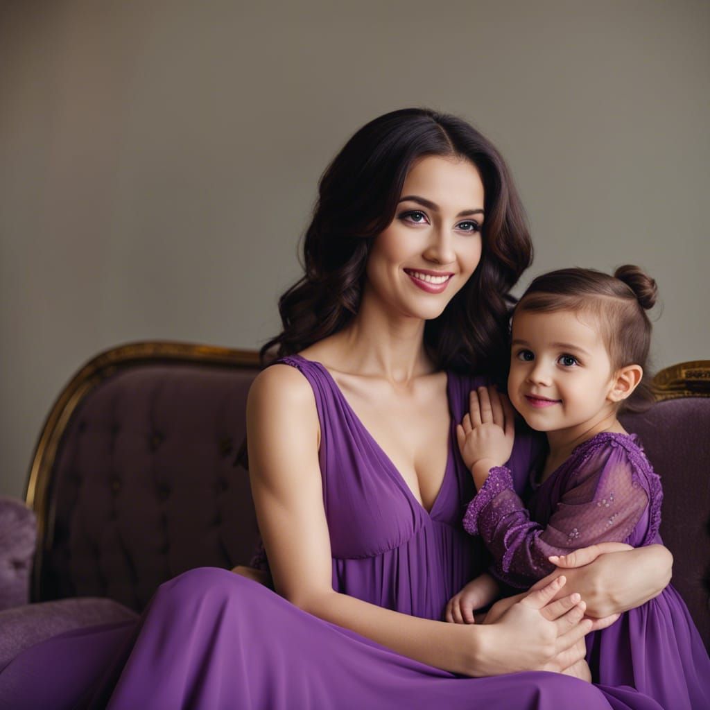 Mother and Twin Daughters Portrait in Purple