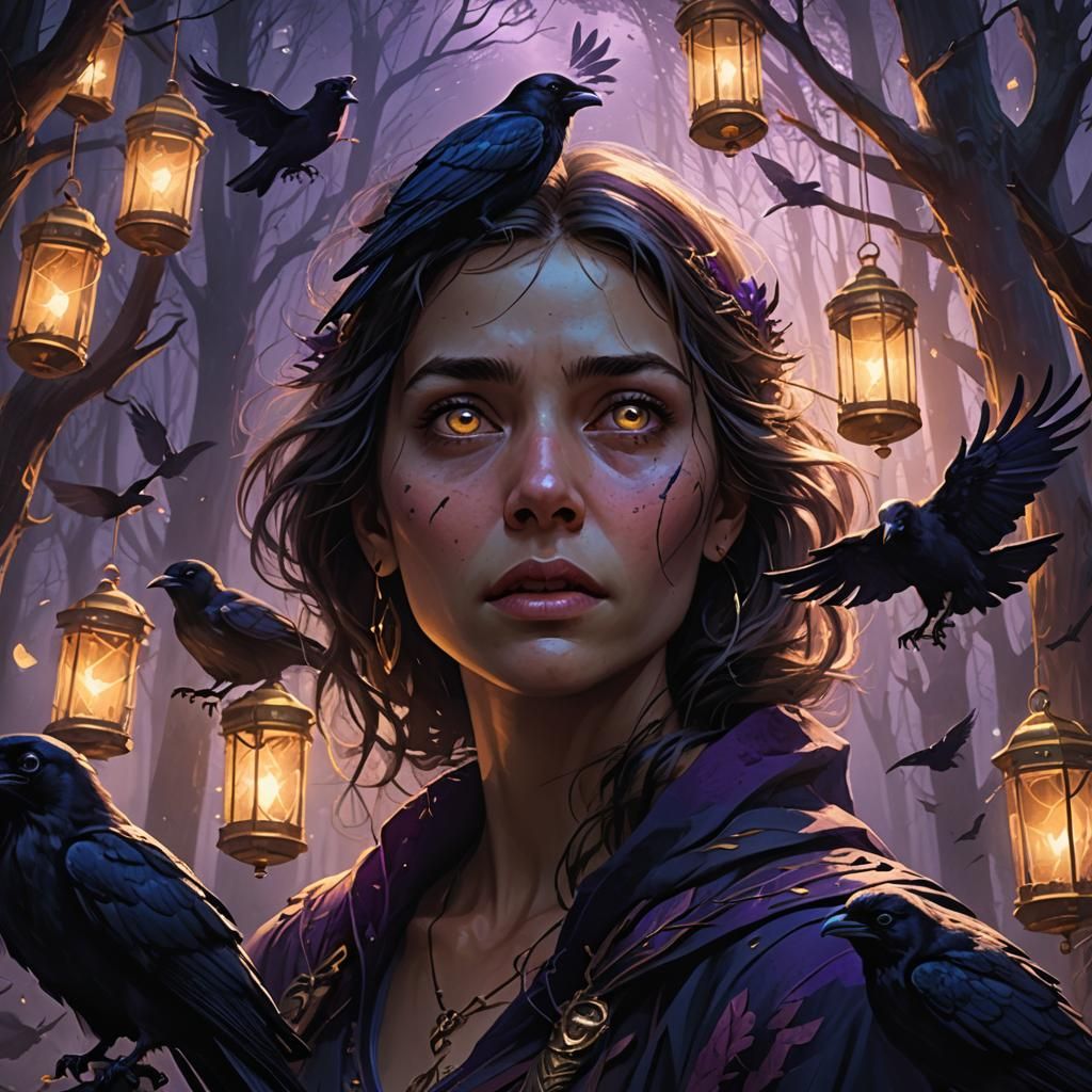 Terrified Woman Surrounded by Ravens in Dark Forest