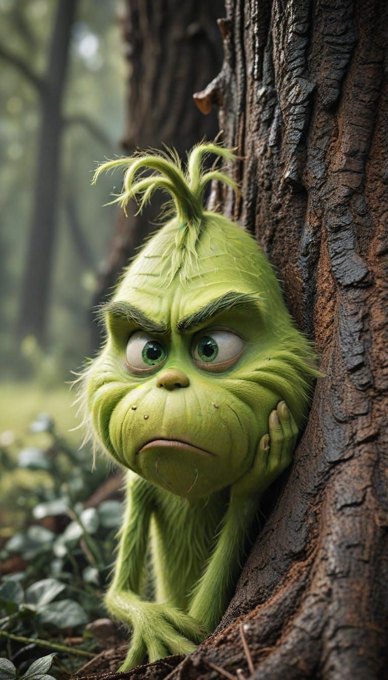 The Grinch Surprised by a Small Face with Sad Tears