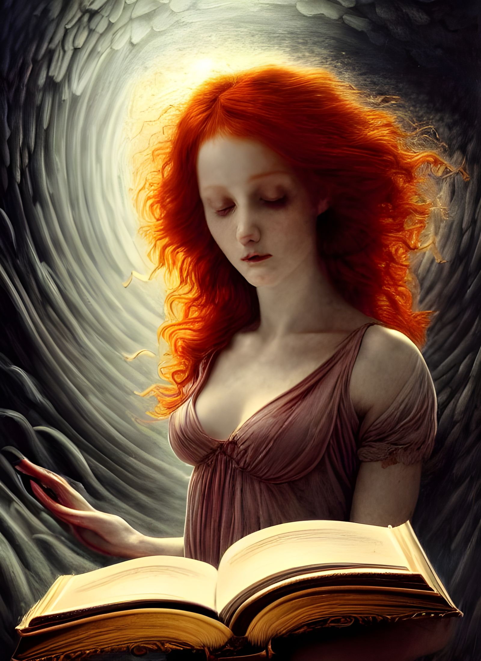 Redhaired Angel Levitating Above Book in Photorealistic Styl...