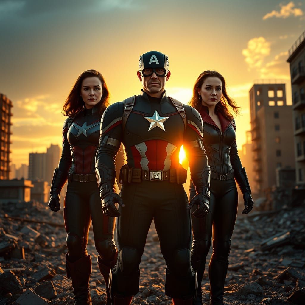 Captain America Leads Heroes in Defiance Amidst a Ruined Cit...