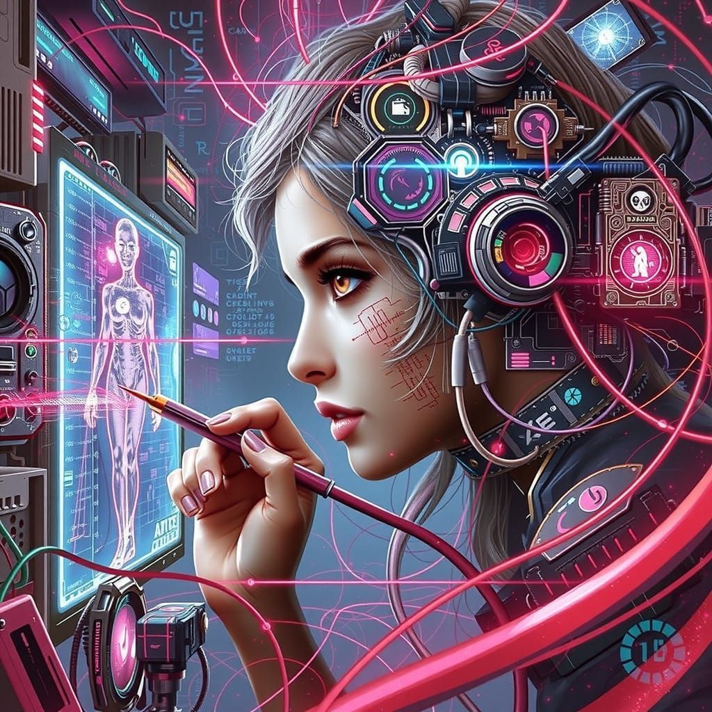 Cyberpunk Programmer in Neon-Lit Futuristic Lair