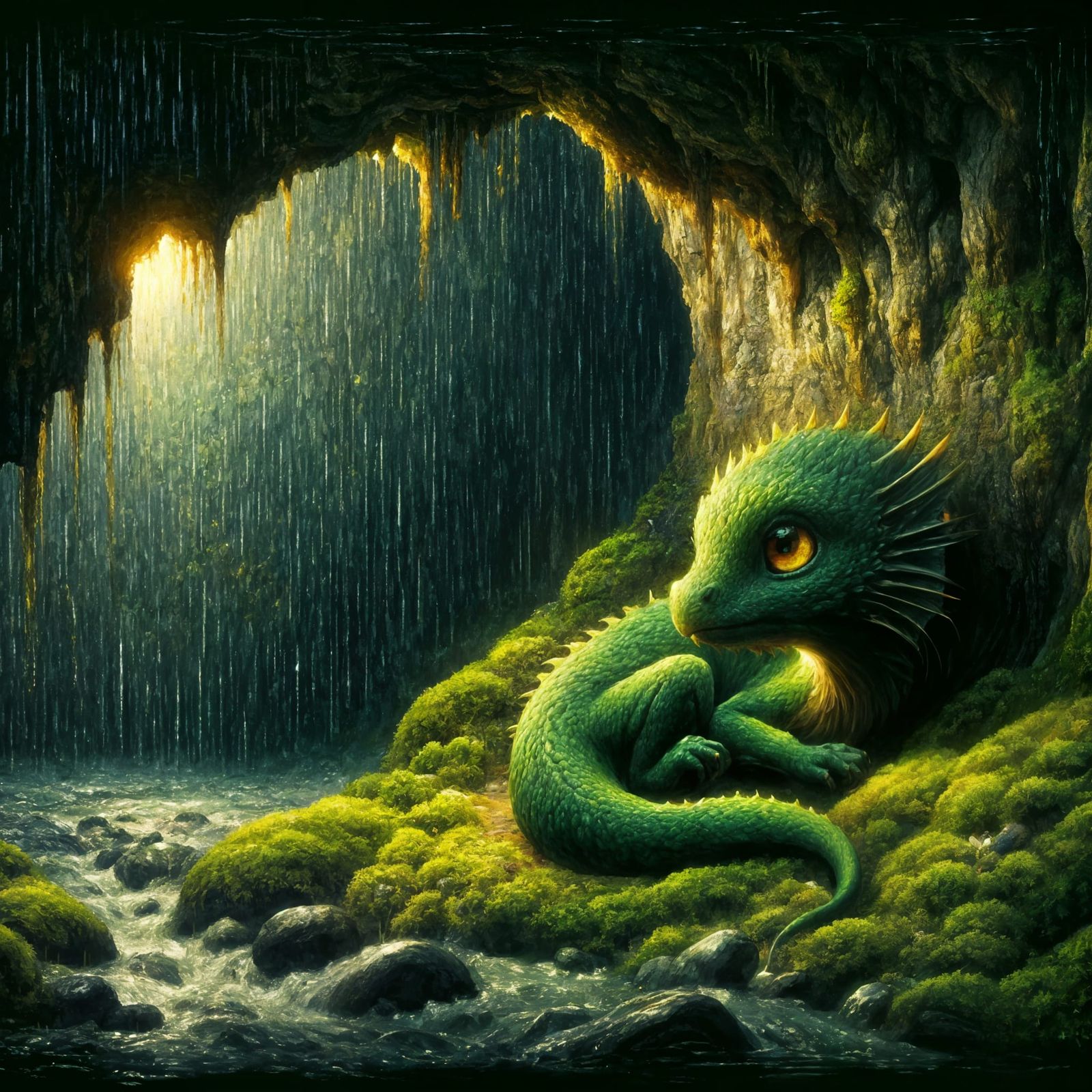 Emerald Dragon in a Rainy Cave, Oil Painting Style