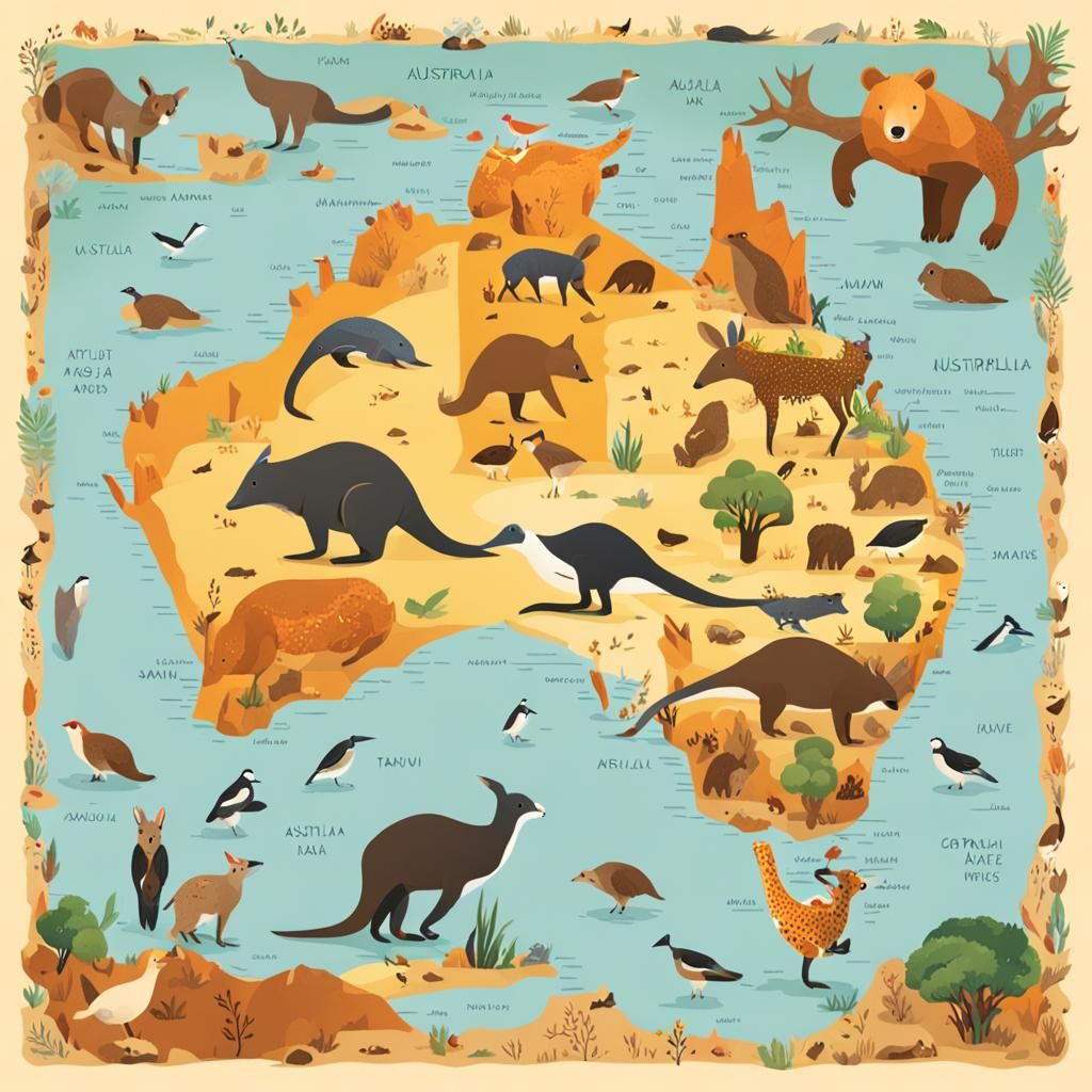 Australia Map Featuring Native Wildlife