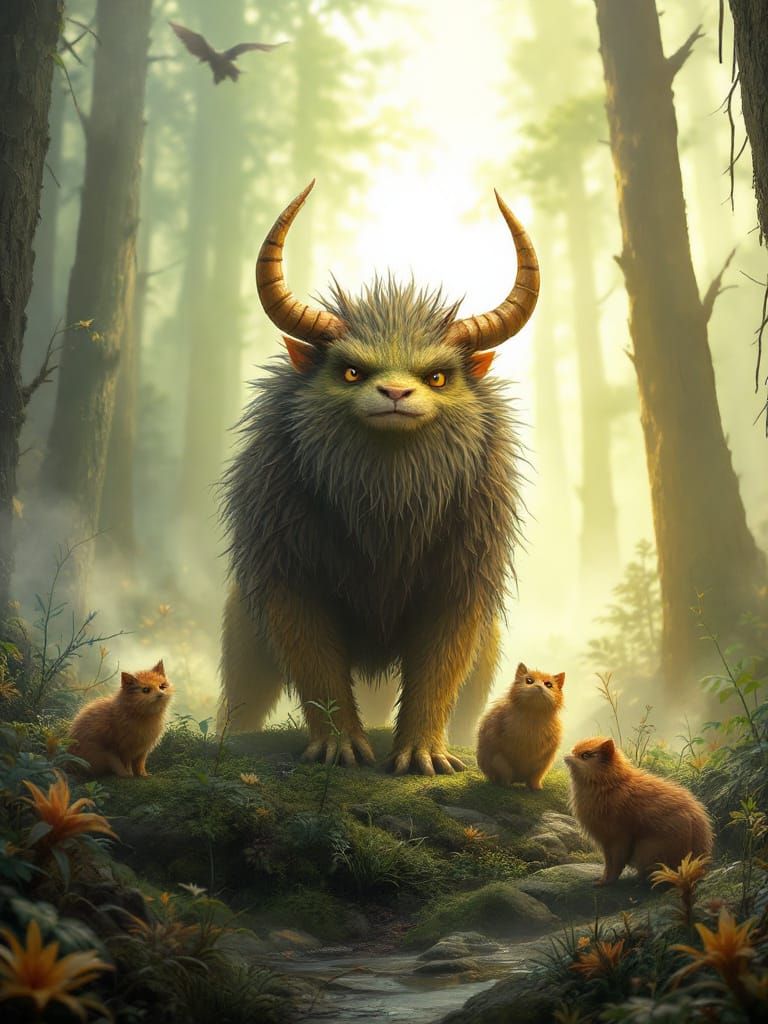 Horned Guardian Holds Dawn Amidst Spring Pines