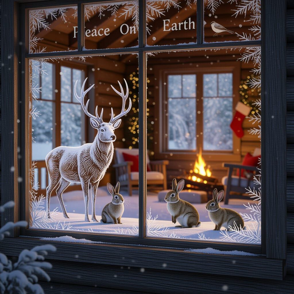 Magical Frost Art: Winter Cabin Window Scene