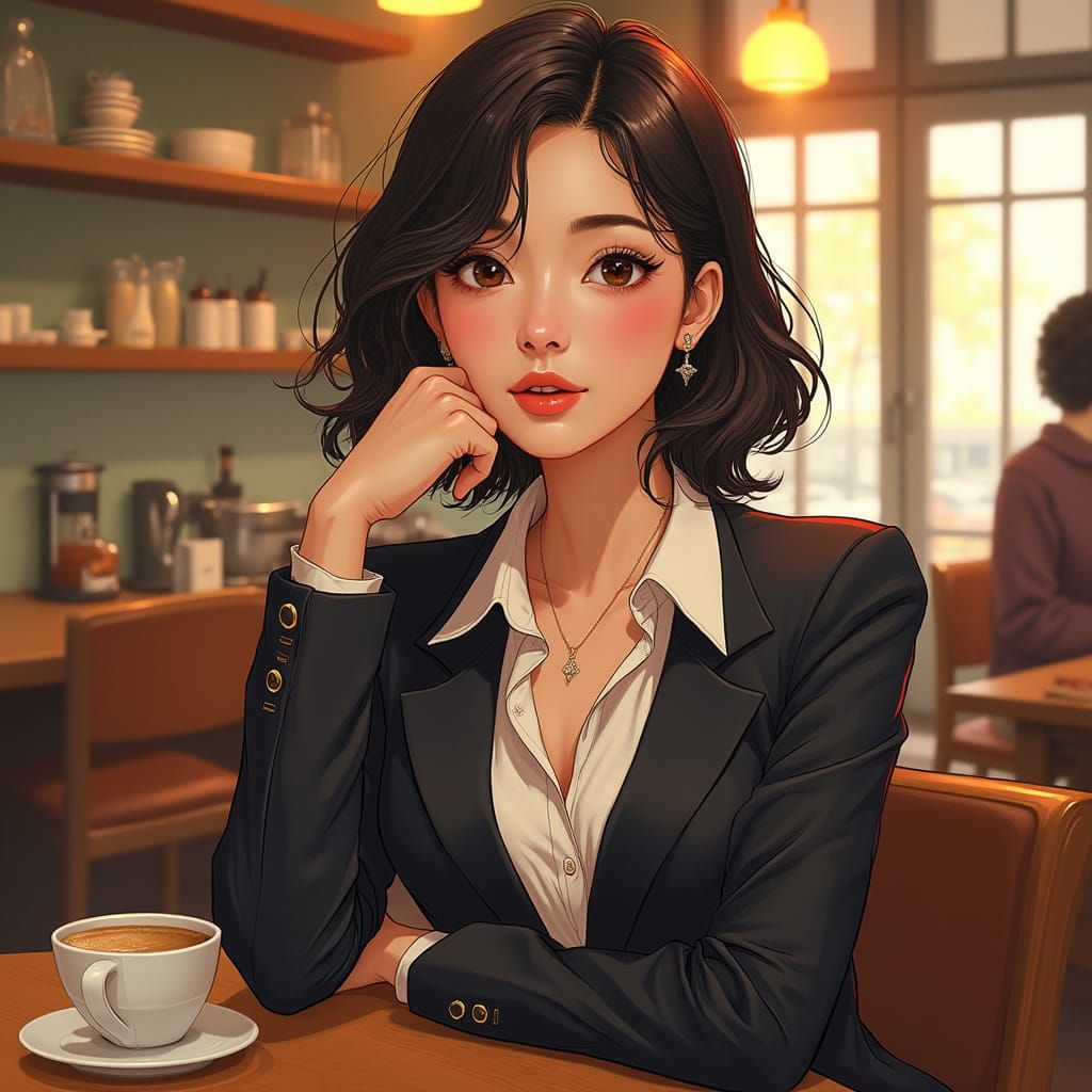Elegant Woman Sits in Cozy Coffee Shop, Manhwa Style